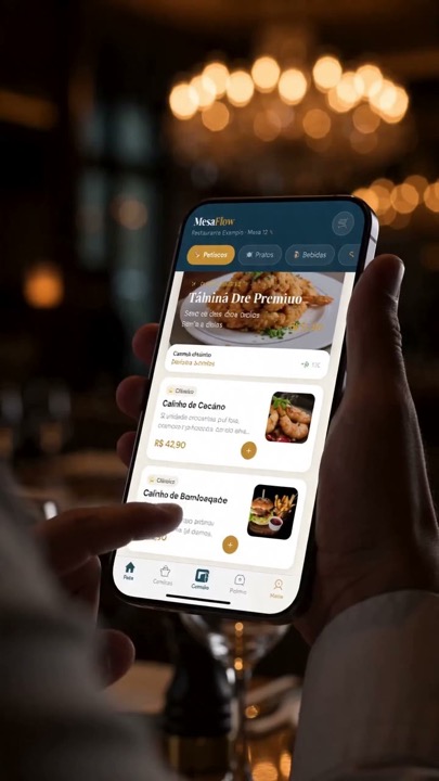 Cliente usando o cardápio digital MesaFlow pelo celular na mesa do restaurante